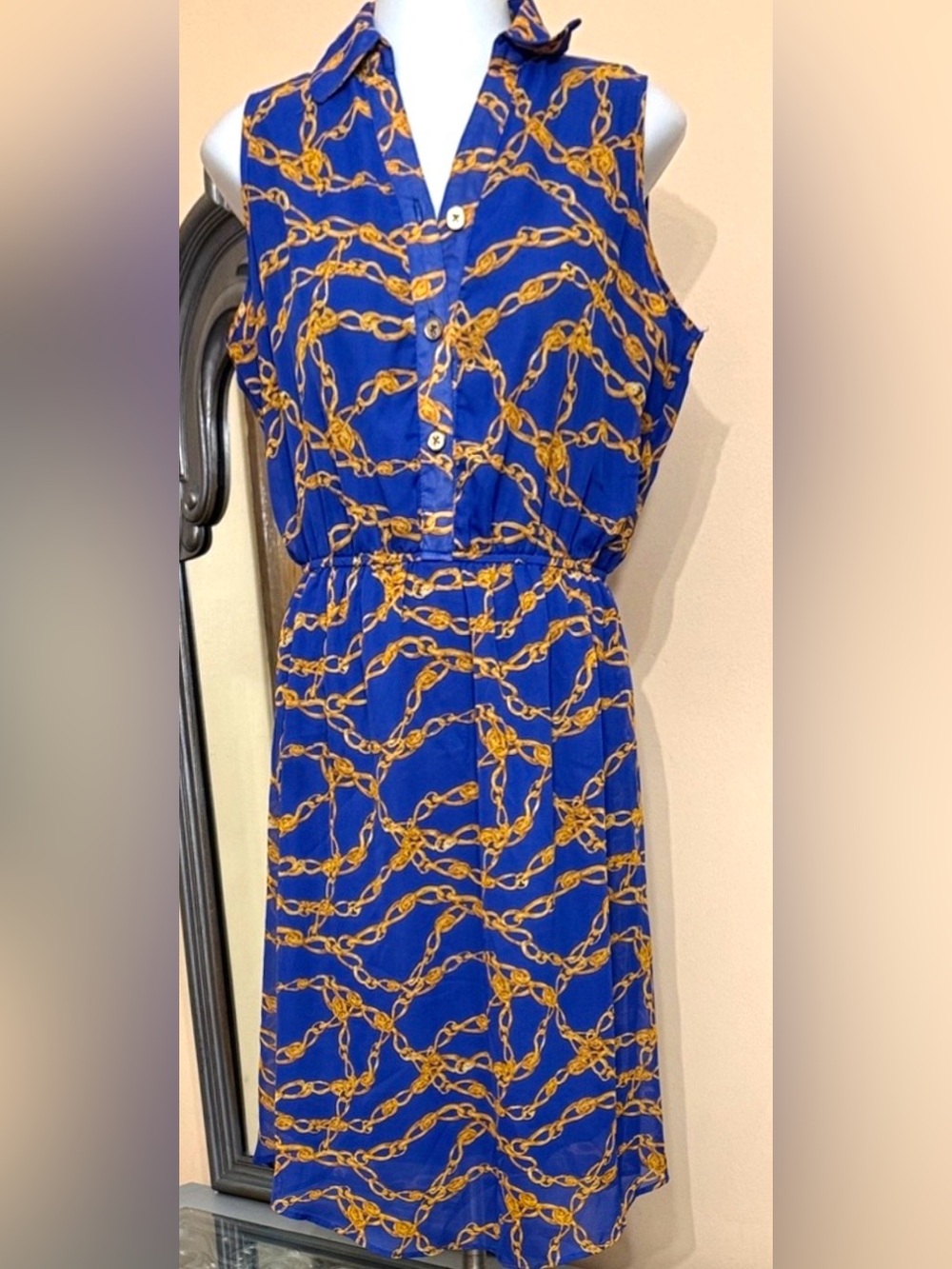 New Directions Blue & Gold Chain-Link Print Midi Dress, No callouts. Retail $49